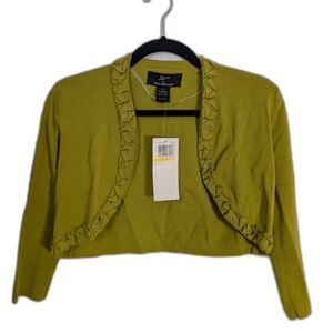 Nina Leonard Cropped Bolero Cardigan Green Petite Medium Ruffle Trim NWT